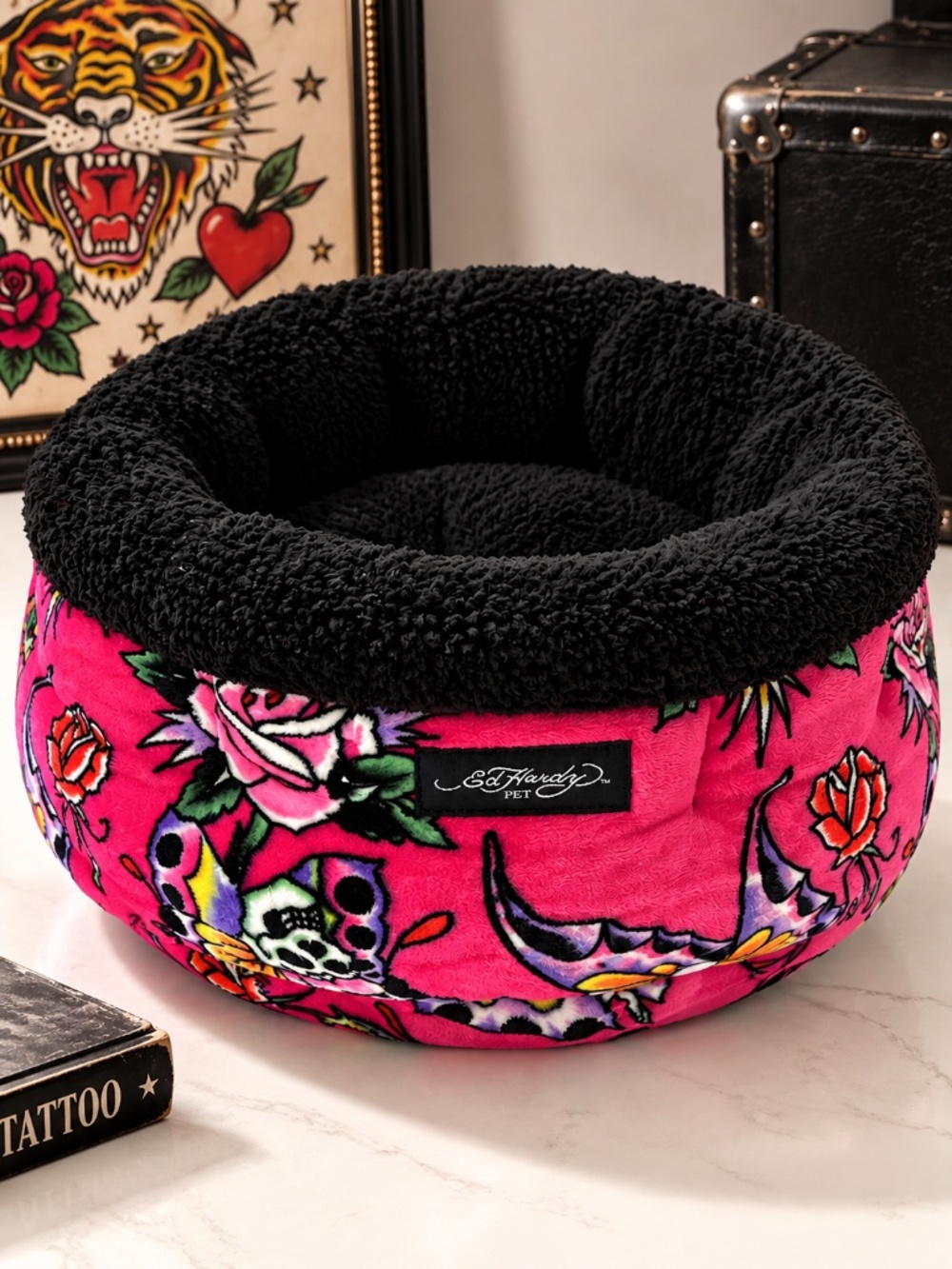 Ed Hardy Pet Reversible Cat Cup Bed Small Pink Skull Rose Tattoo Plush NWT